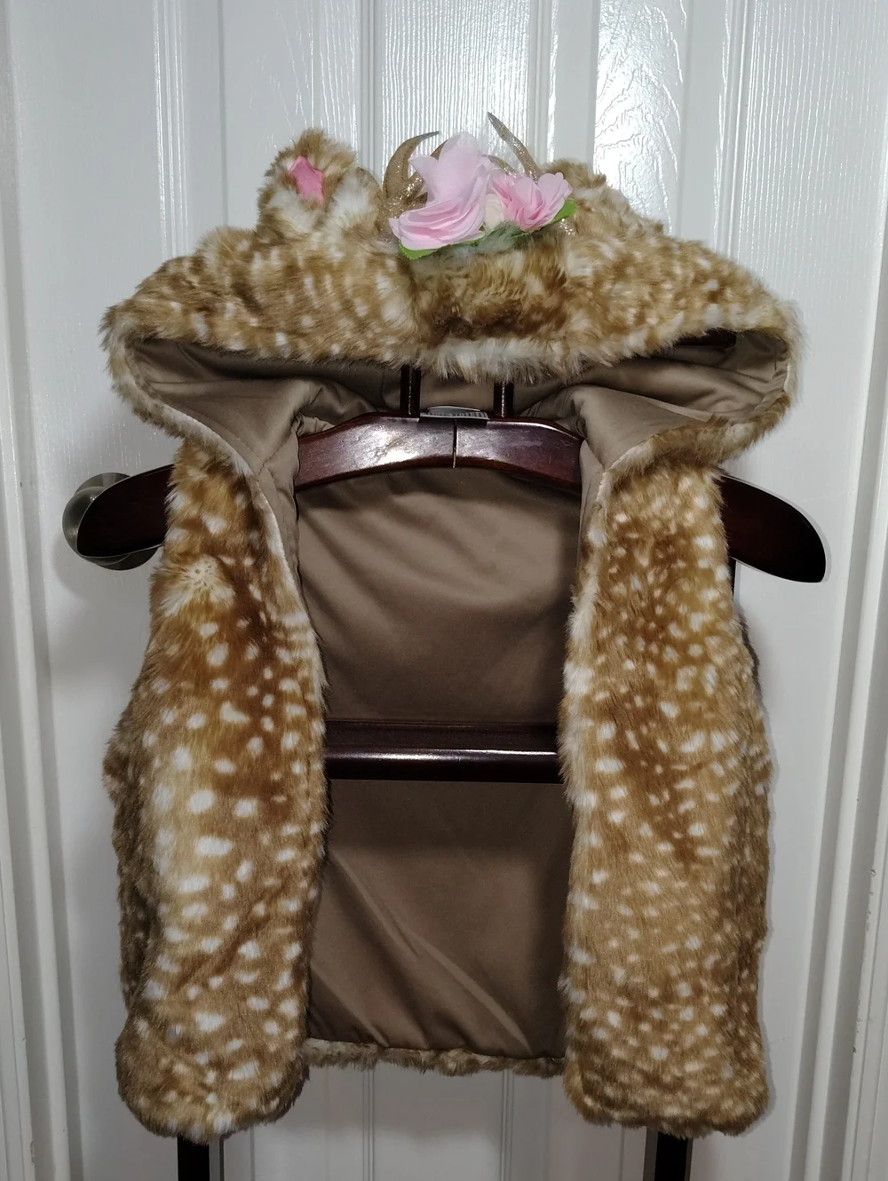 Kids Small Spirit Faux-Fur Fawn Hooded Vest Flowers Halloween Winter Christmas